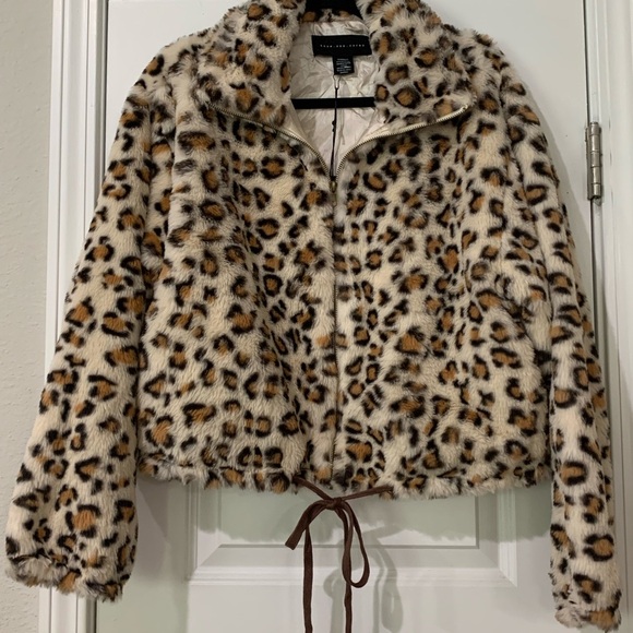 Cream and Brown Teddy Jacket with Leopard Print - Picture 1 of 3